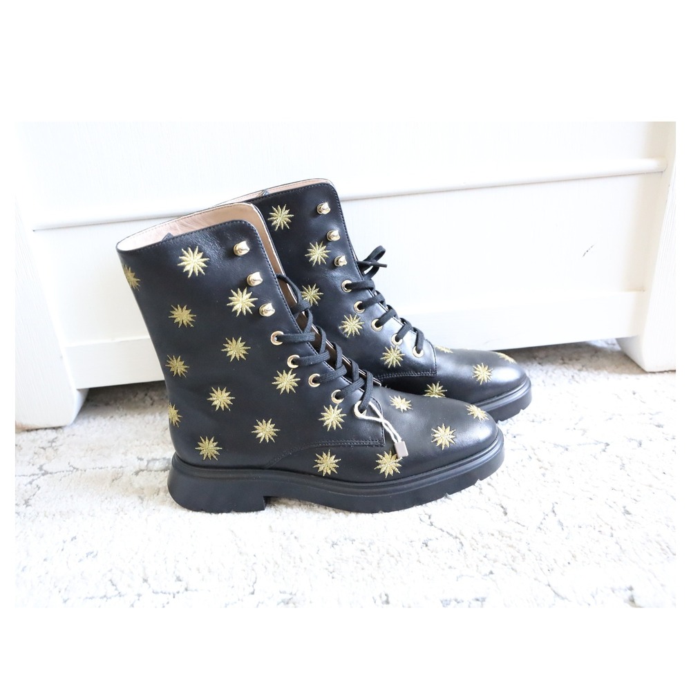 Stuart Weitzman McKenzee Black Star Embroidered Lace Up Combat Boots Size 35